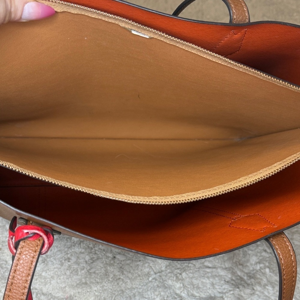 Tory Burch Perry Triple Compartment Tan Leather Tote with Red Accent - Picture 16 of 16